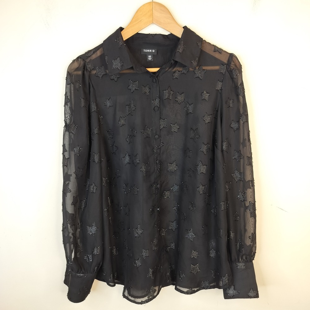 Torrid Sheer Star Blouse Womens 00 (M/L) Metallic Celestial Whimsigoth Button Up
